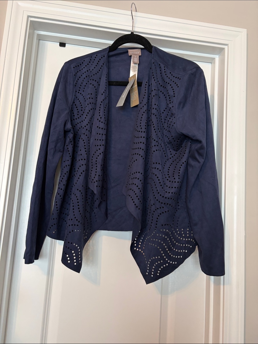 Chico's Navy Laser-Cut Drape Open-Front Jacket